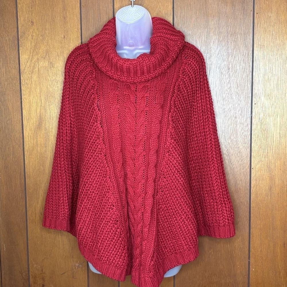 Simply Noelle Poncho Sweater Womens OS Red Cable Knit Cowl Neck Boho Cottagecore